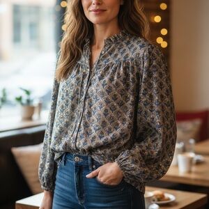 Clara the Label Olive Blouse Metallic Print Cotton Puff Sleeve Beige Blue L Boho